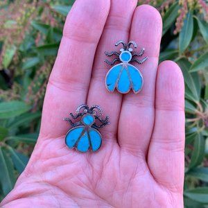 Vintage 1950s Zuni American Indian .925 Sterling & Turquoise Inlay Ladybug Pins